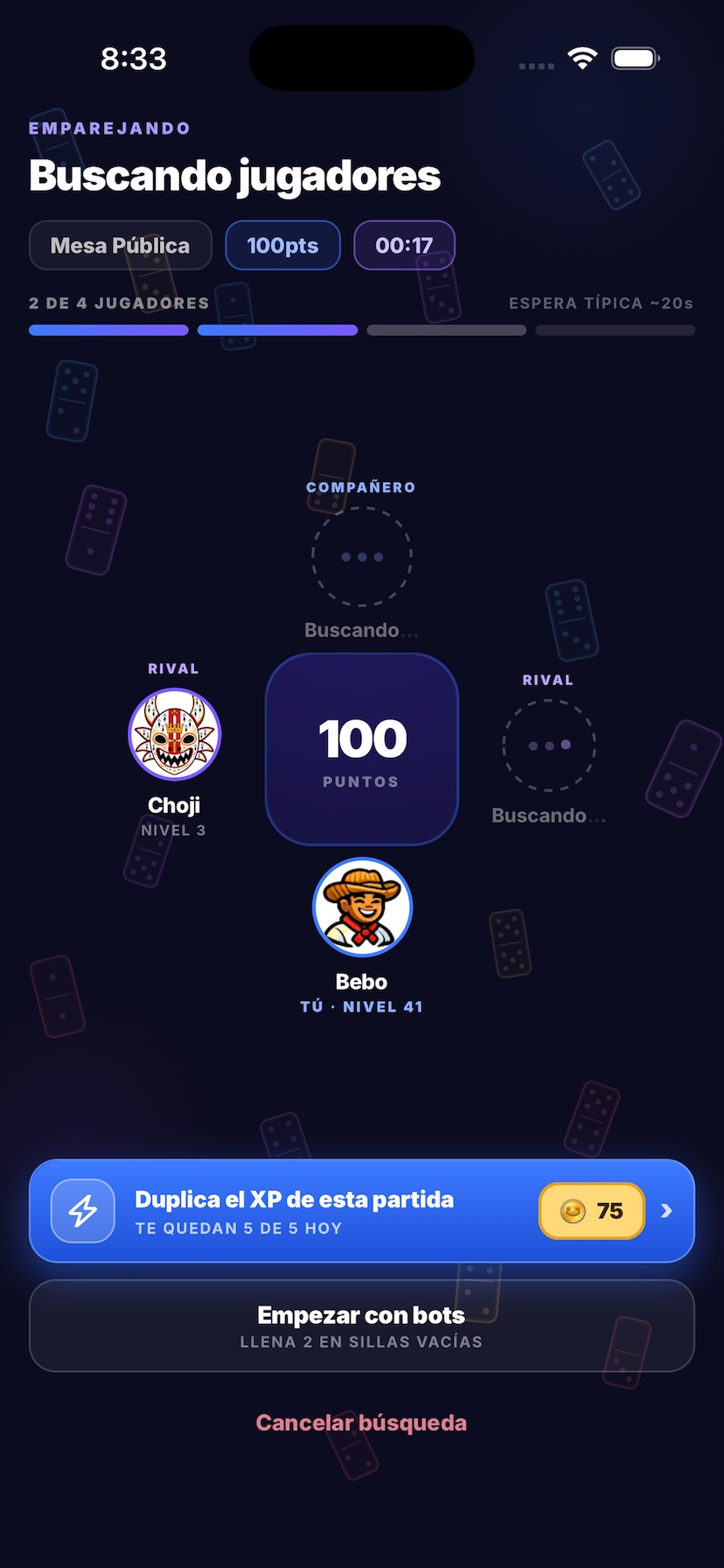 Pantalla de emparejamiento de Mesa28 buscando jugadores para una mesa pública de 100 puntos