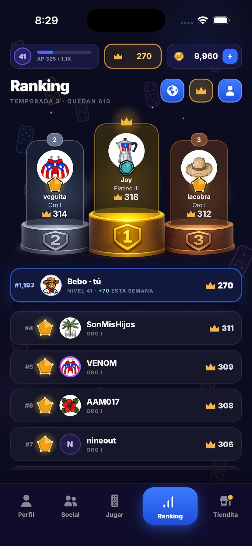 Ranking de Mesa28 con el podio de los tres primeros jugadores y la tabla de clasificación